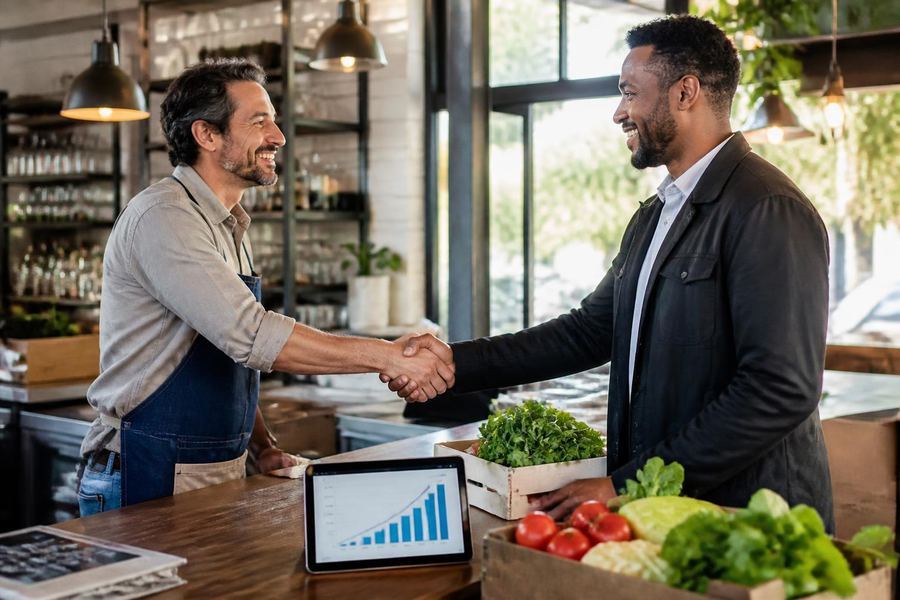 A restaurant owner and a supplier shaking hands over a new order